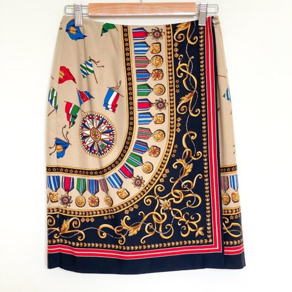 Vintage 100%‎ Silk Flags Medals Compass Nautical Faux Wrap Skirt Size 8